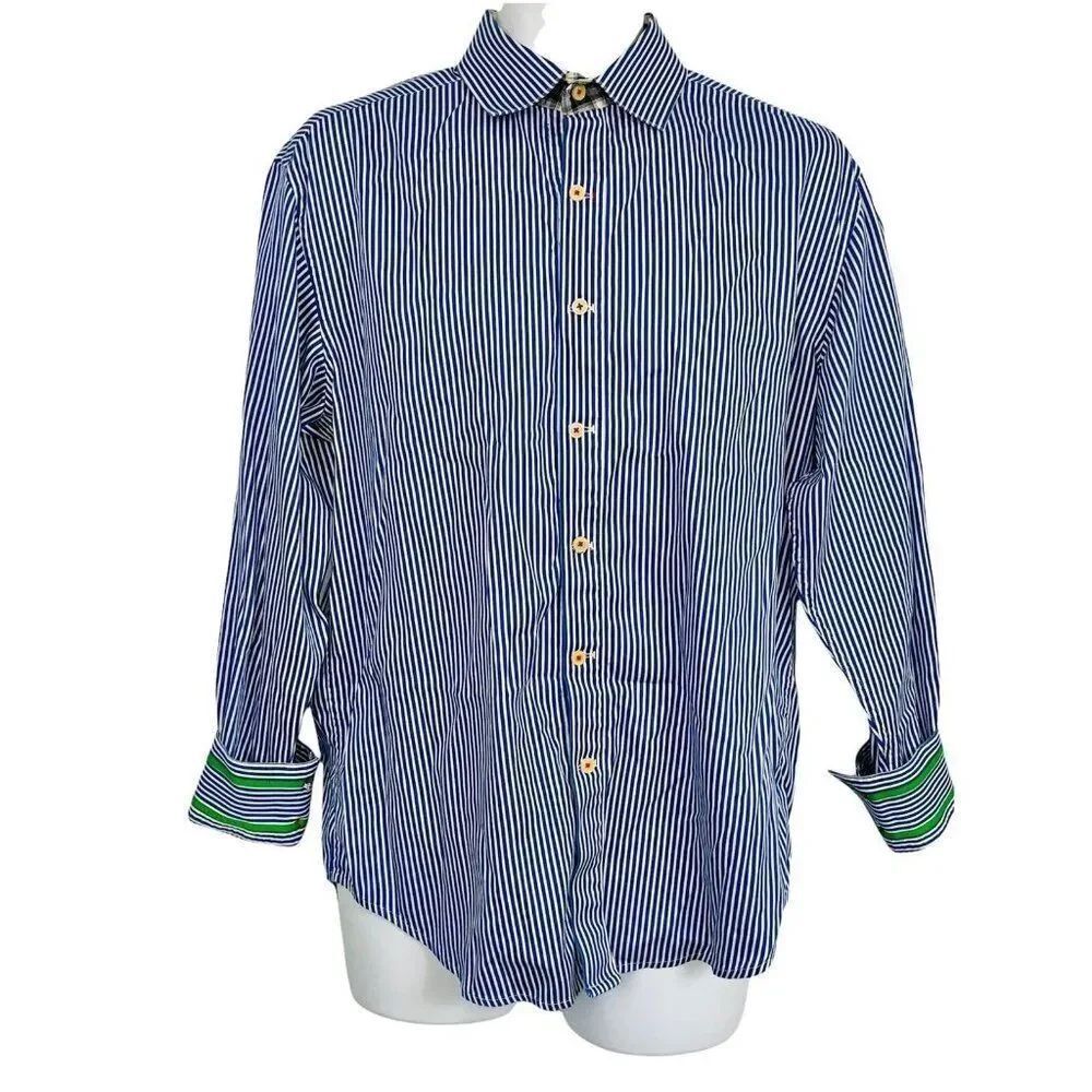 Robert Graham Brigida Peter 22453 Mens L Dress Shirt Blue Flip Cuff Pinstripe